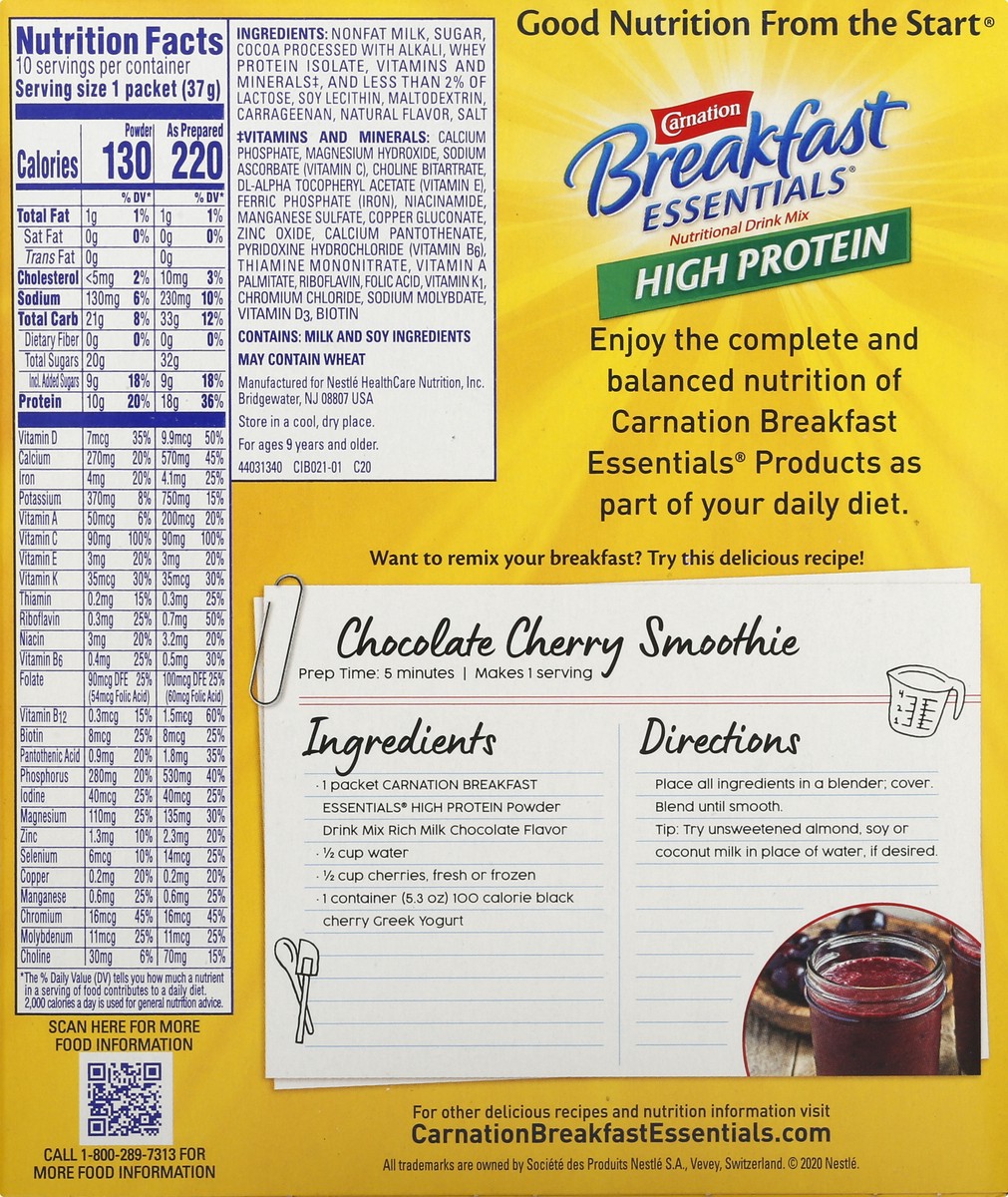 slide 9 of 9, Carnation Breakfast Essentials High Protein Nutritional Powder Drink Mix, Rich Milk Chocolate, 10 - 37 g Packets, 13.05 oz