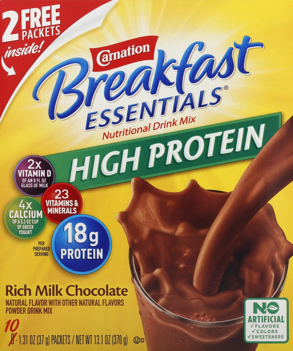 slide 3 of 9, Carnation Breakfast Essentials High Protein Nutritional Powder Drink Mix, Rich Milk Chocolate, 10 - 37 g Packets, 13.05 oz