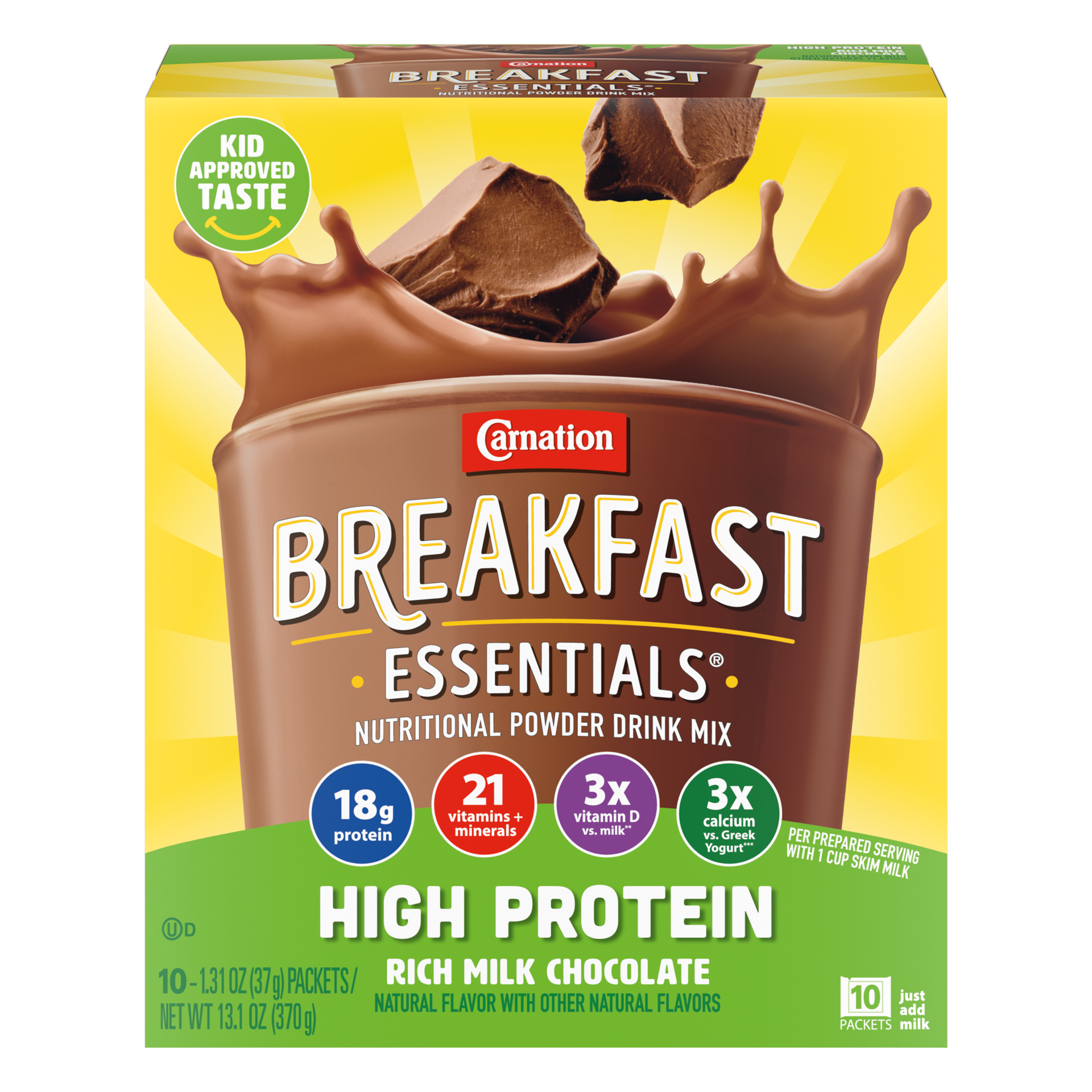 slide 1 of 9, Carnation Breakfast Essentials High Protein Nutritional Powder Drink Mix, Rich Milk Chocolate, 10 - 37 g Packets, 13.05 oz