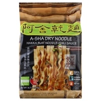 slide 1 of 1, A-Sha Hakka Flat Noodle-Chili Sauce Dry Noodles, 16.7 oz