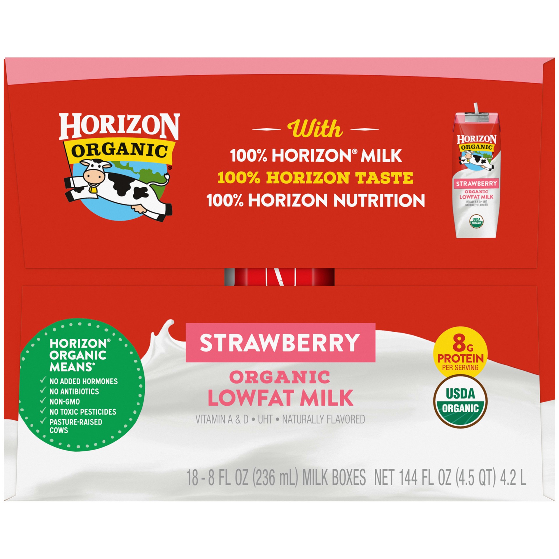 slide 4 of 8, Horizon Organic Shelf-Stable 1% Low Fat Milk Boxes, Strawberry, 8 oz., 18 Pack, 8 fl oz