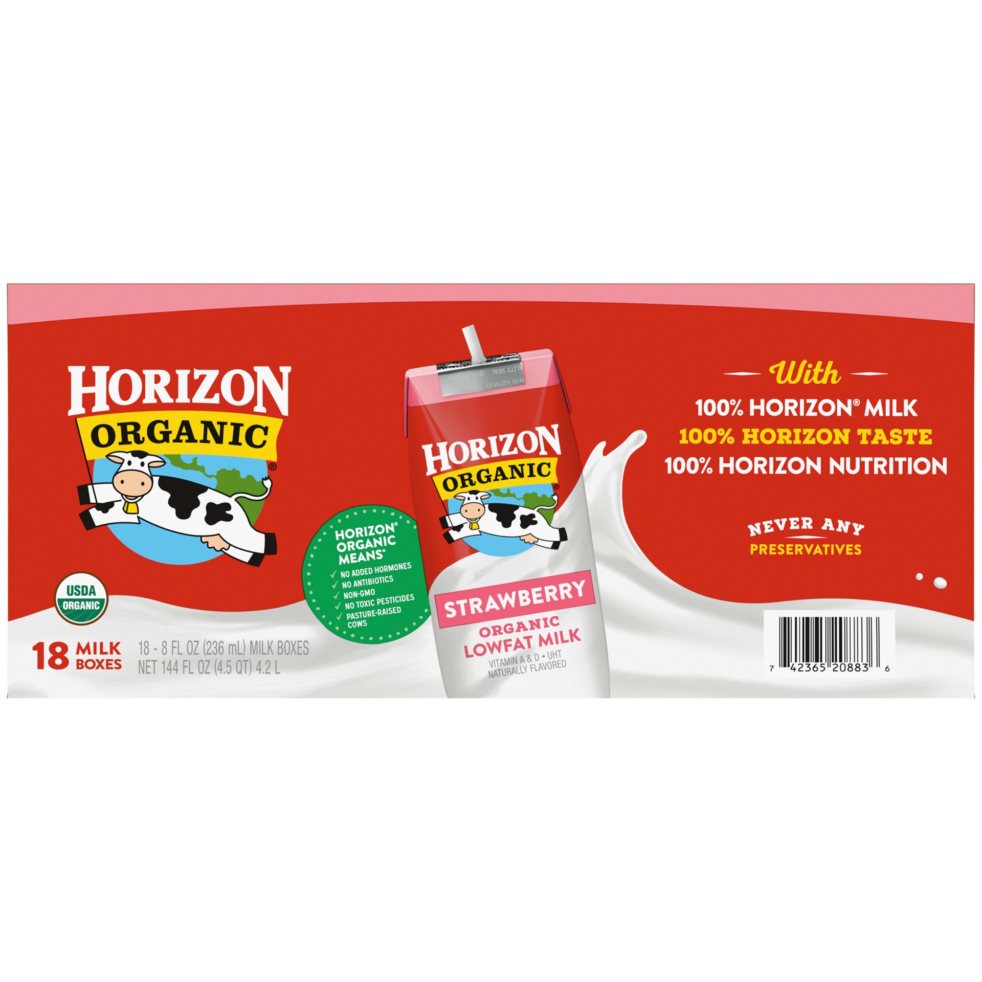 slide 6 of 8, Horizon Organic Shelf-Stable 1% Low Fat Milk Boxes, Strawberry, 8 oz., 18 Pack, 8 fl oz