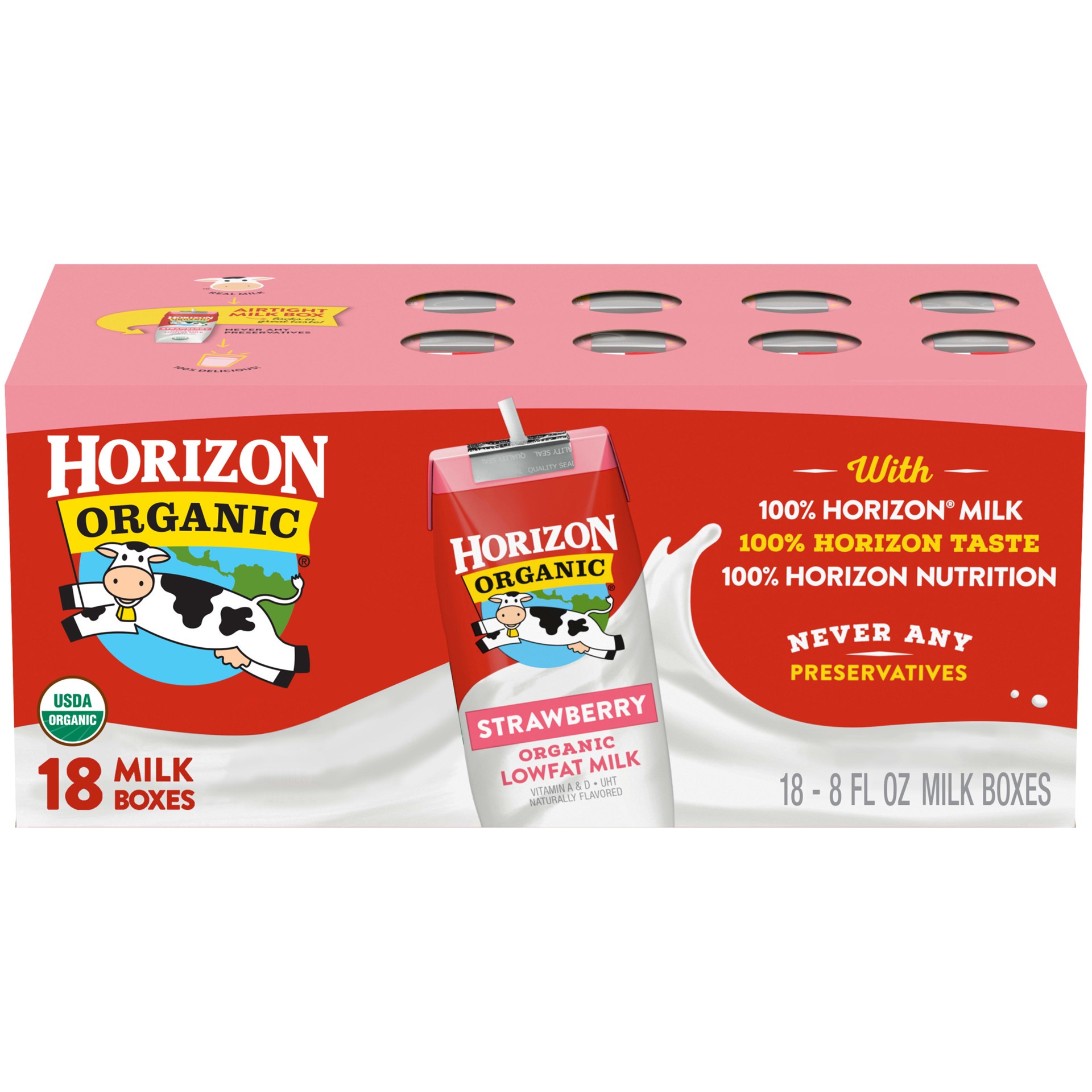 slide 1 of 8, Horizon Organic Shelf-Stable 1% Low Fat Milk Boxes, Strawberry, 8 oz., 18 Pack, 8 fl oz