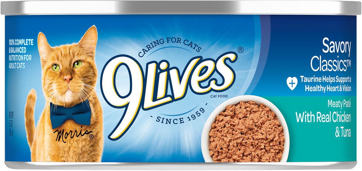 slide 8 of 8, 9Lives Meaty Paté With Real Chicken & Tuna Wet Cat Food, 5.5-Ounce Can, 5.5 oz