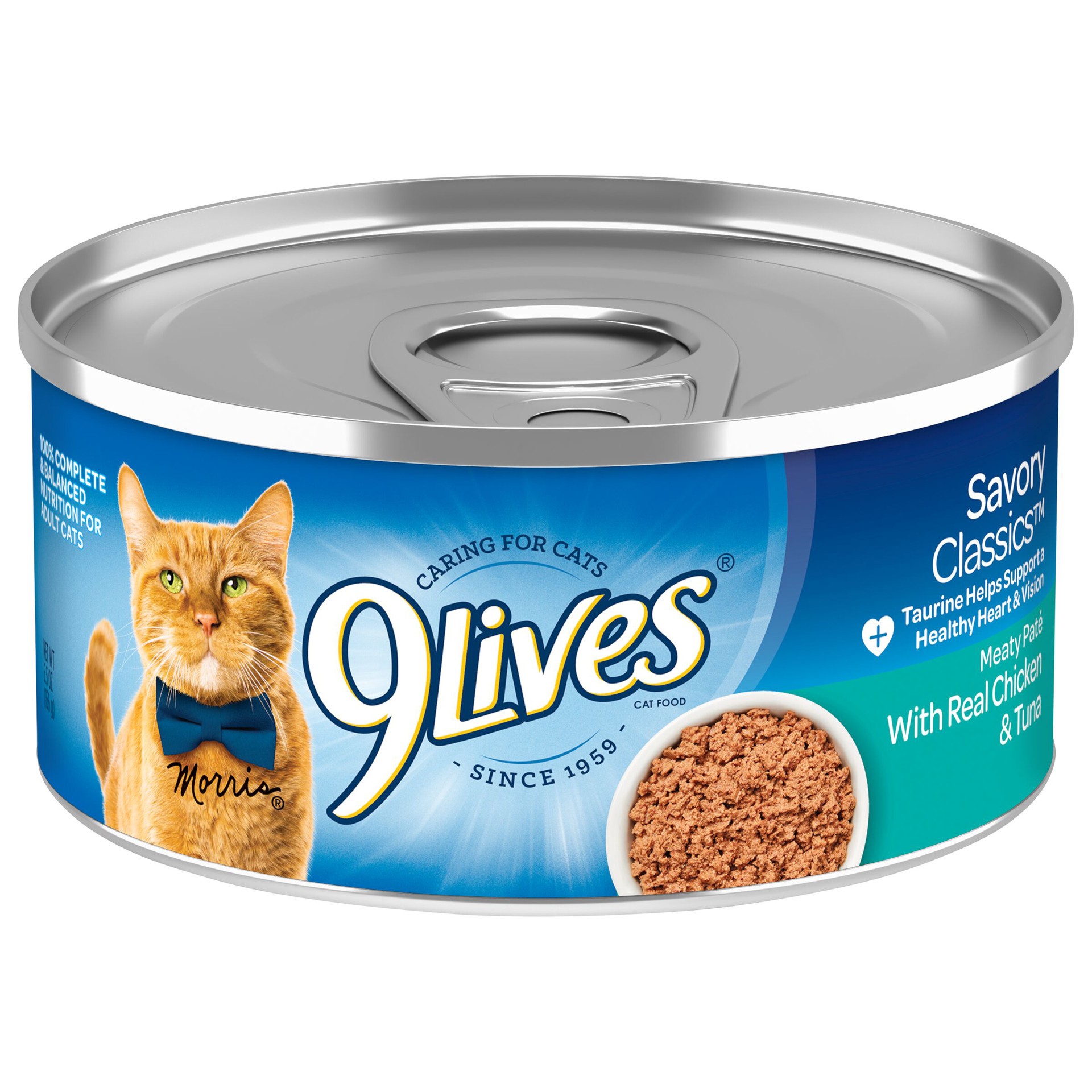 slide 1 of 8, 9Lives Meaty Paté With Real Chicken & Tuna Wet Cat Food, 5.5-Ounce Can, 5.5 oz