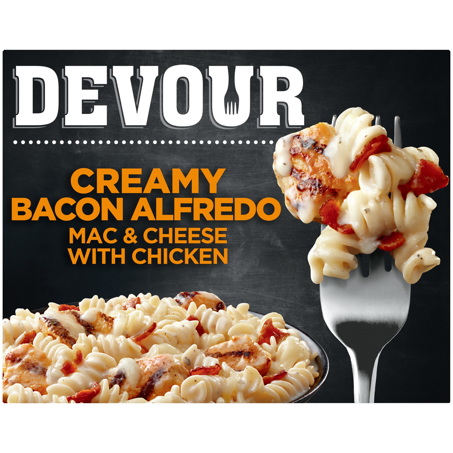 slide 1 of 9, DEVOUR Creamy Bacon Alfredo Mac & Cheese with Chicken Frozen Meal, 10 oz Box, 10 oz