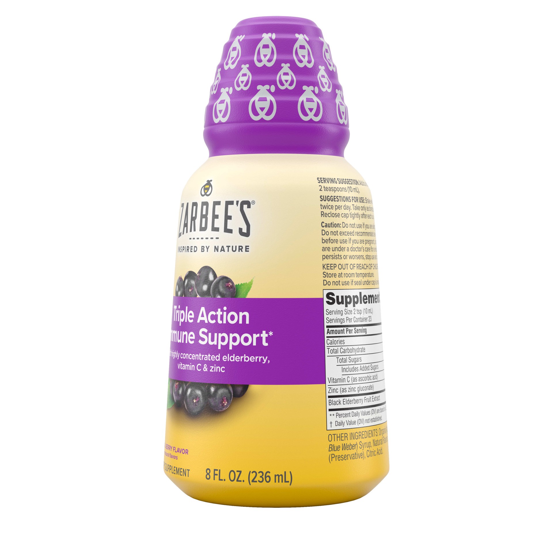 slide 8 of 9, Zarbee's Naturals Liquid Daily Immune Support, High Concentrate Liquid, with Real Elderberry Vitamin C & Zinc, Black Elderberry Flavor, For Daytime Use, 8 Fl Oz, 8 fl oz