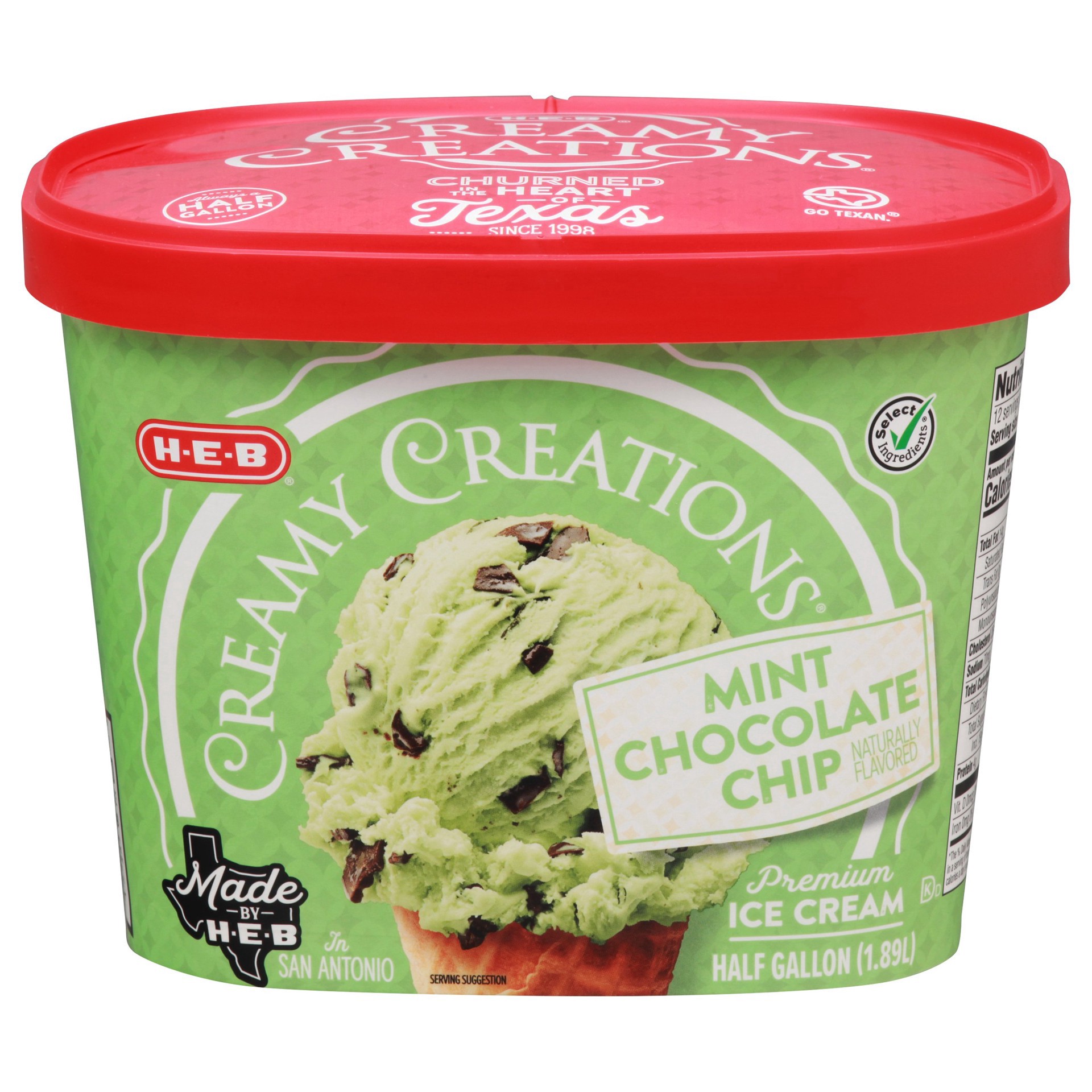 slide 1 of 1, H-E-B Creamy Creations Mint Chocolate Chip Ice Cream, 1/2 gal