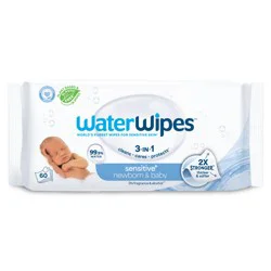 WaterWipes Sensitive+ Newborn & Baby Wipes, 3-In-1 Cleans, Cares, Protects, 99.9% Water, Unscented & Hypoallergenic, 60 Count (1 Pack)