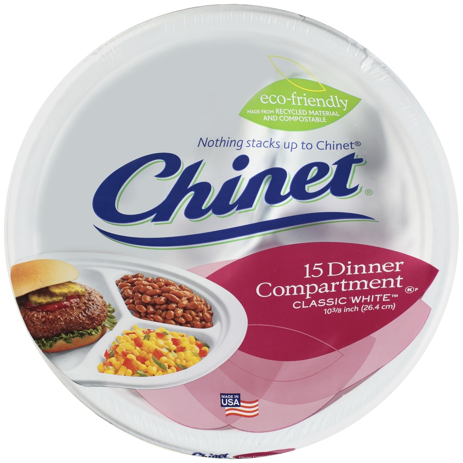 slide 1 of 1, Chinet Dinner Compartment Plates Classic White, 15 ct