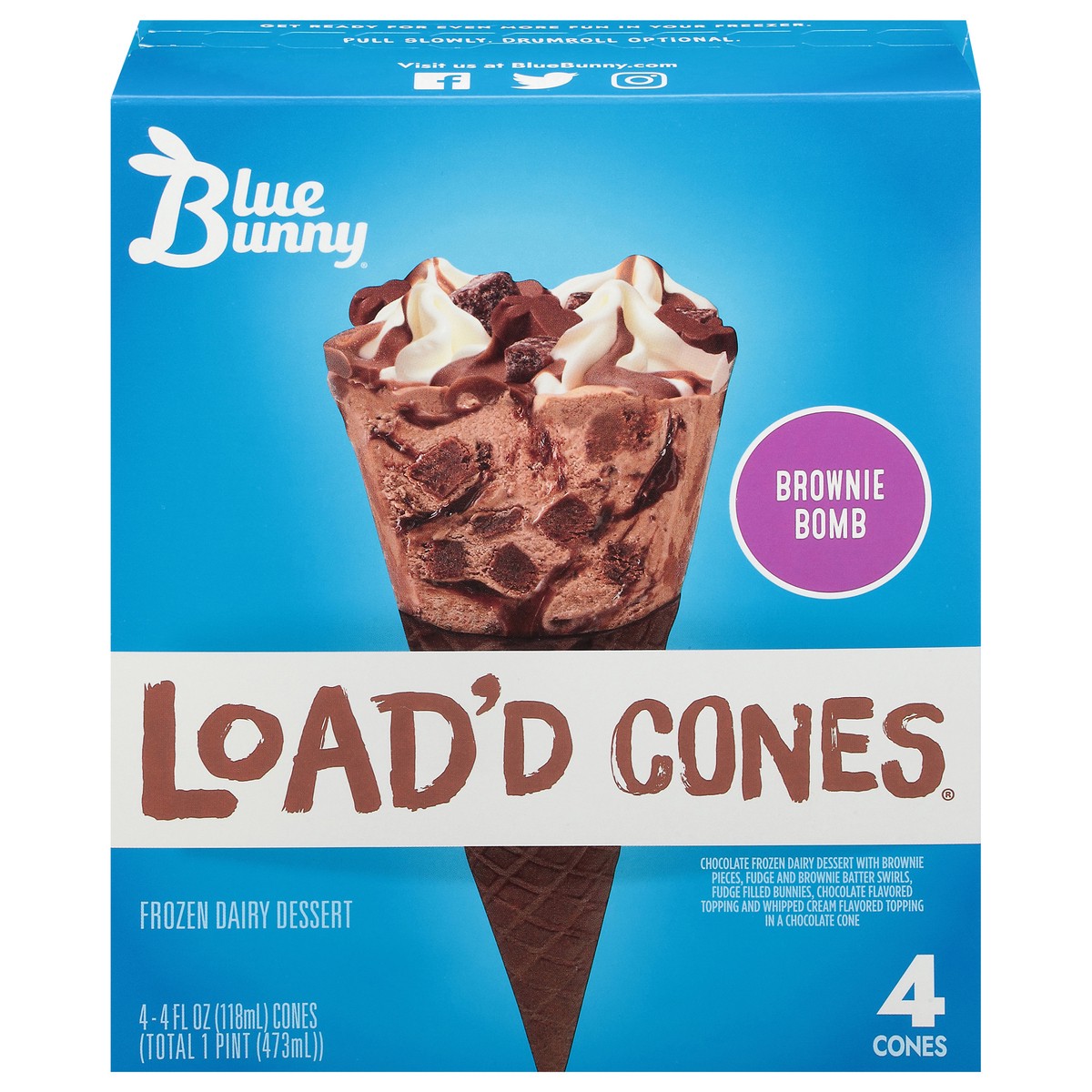 slide 1 of 5, Blue Bunny Load'd Cones Brownie Bomb, Frozen Dessert, 4 Pack, 4 ct