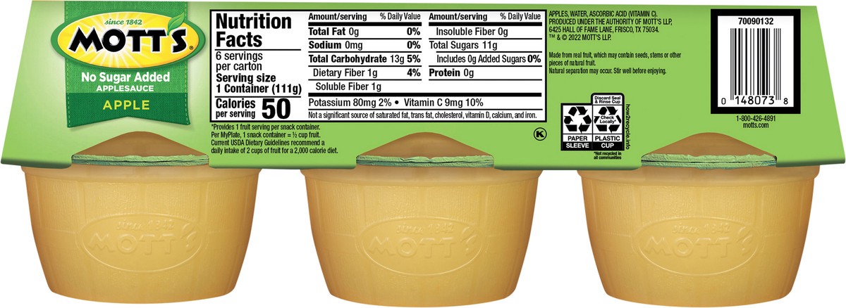 slide 3 of 7, Mott's No Sugar Added Applesauce Cups, 6 ct; 3.9 oz