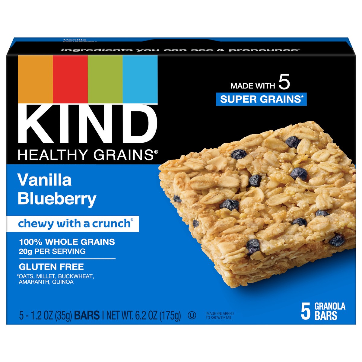 slide 1 of 9, KIND HEALTHY GRAINS Vanilla Blueberry Bars, Gluten Free Bars, 1.2 OZ Bars (5 Count), 0.40 lb