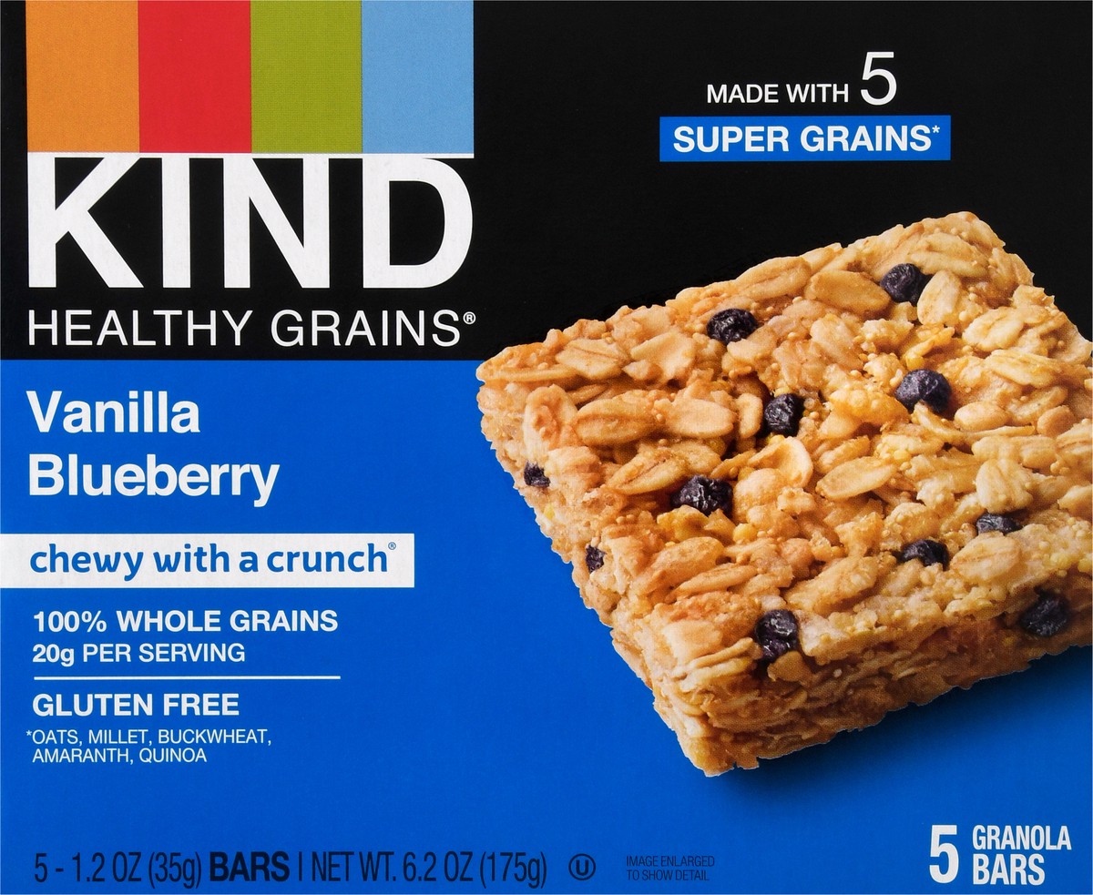 slide 8 of 9, KIND HEALTHY GRAINS Vanilla Blueberry Bars, Gluten Free Bars, 1.2 OZ Bars (5 Count), 0.40 lb