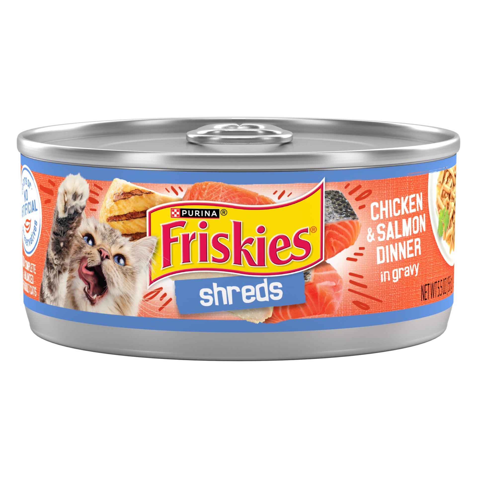 slide 1 of 7, Friskies Purina Friskies Gravy Wet Cat Food, Shreds Chicken & Salmon Dinner in Gravy, 5.5 oz