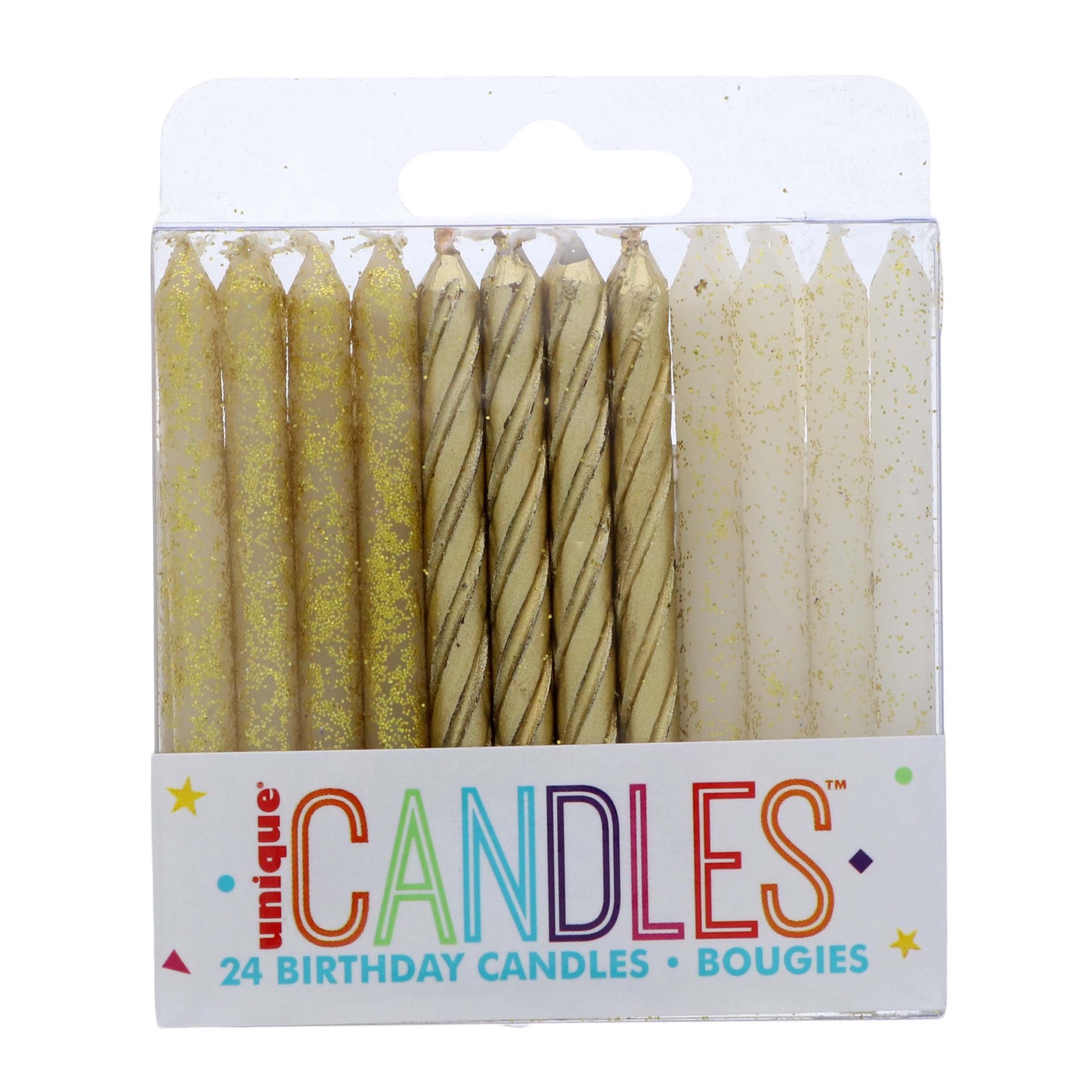 slide 1 of 1, Unique Industries Glitter & Gold Birthday Candles, 24 ct
