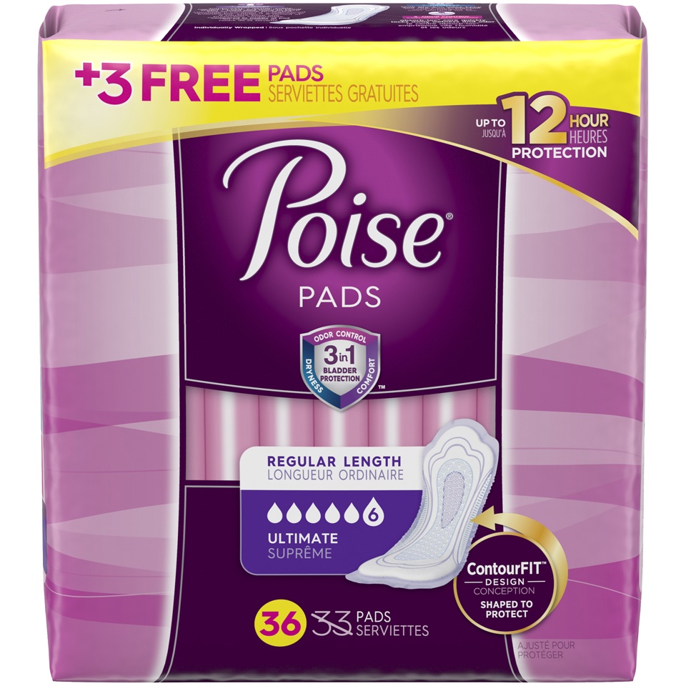 slide 1 of 1, Poise Incontinence Pads, Ultimate Absorbency, Regular, 36 Count, 1 ct