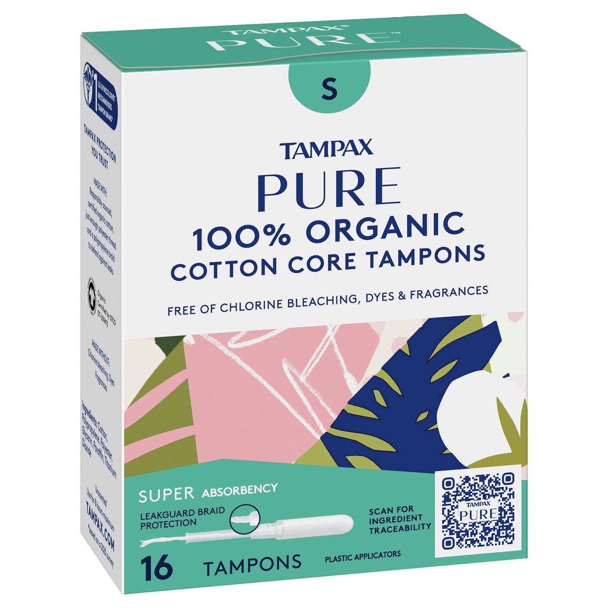slide 2 of 4, Tampax Pure 100% Organic Super Absorbency Cotton Core Plastic Applicators Tampons 16 ea, 16 ct