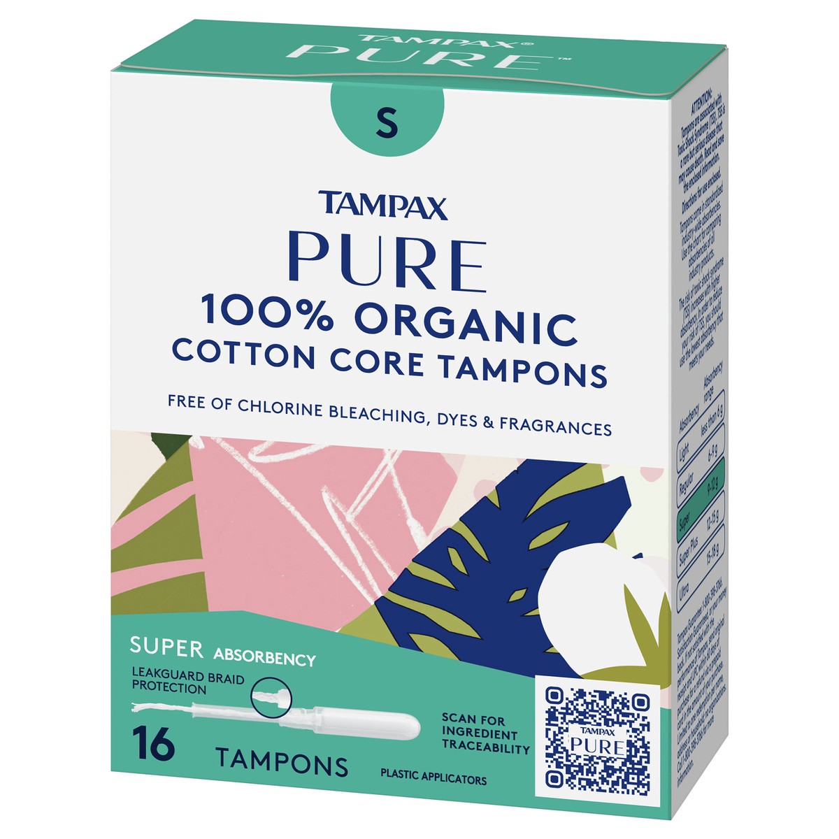 slide 3 of 4, Tampax Pure 100% Organic Super Absorbency Cotton Core Plastic Applicators Tampons 16 ea, 16 ct