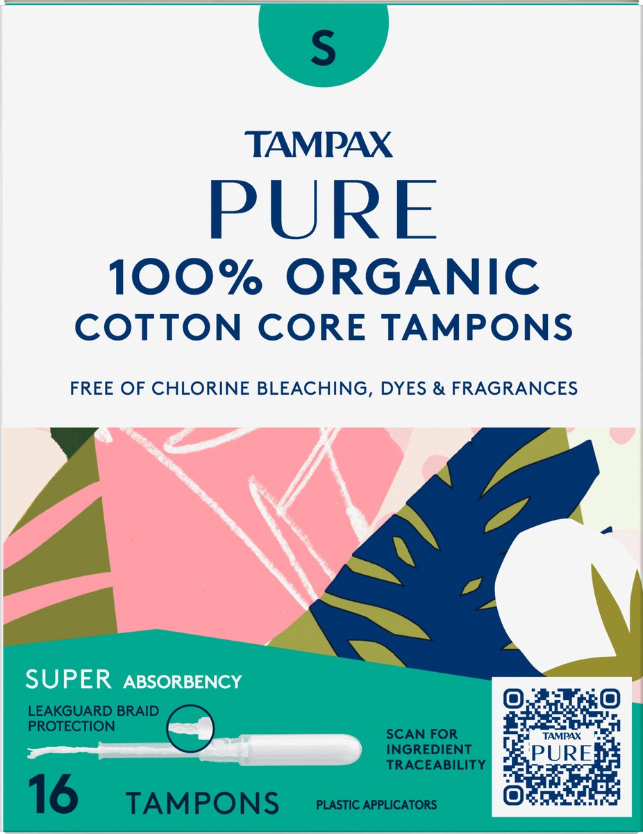slide 4 of 4, Tampax Pure 100% Organic Super Absorbency Cotton Core Plastic Applicators Tampons 16 ea, 16 ct