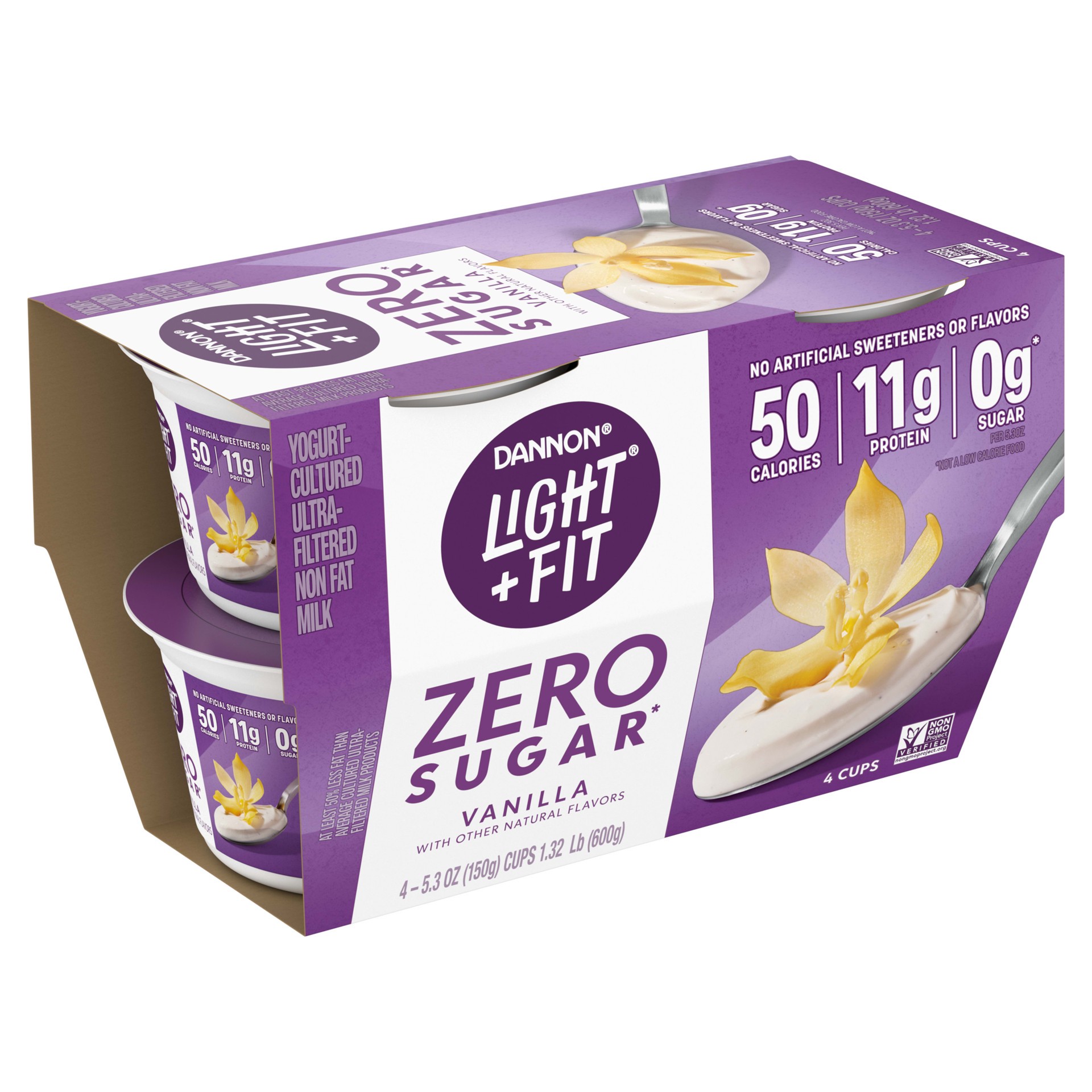 slide 3 of 5, Dannon Light + Fit Zero Sugar, Vanilla Yogurt-Cultured Dairy Product, Creamy and Delicious Gluten Free Snacks, 4 Ct, 5.3 OZ, 5.3 oz