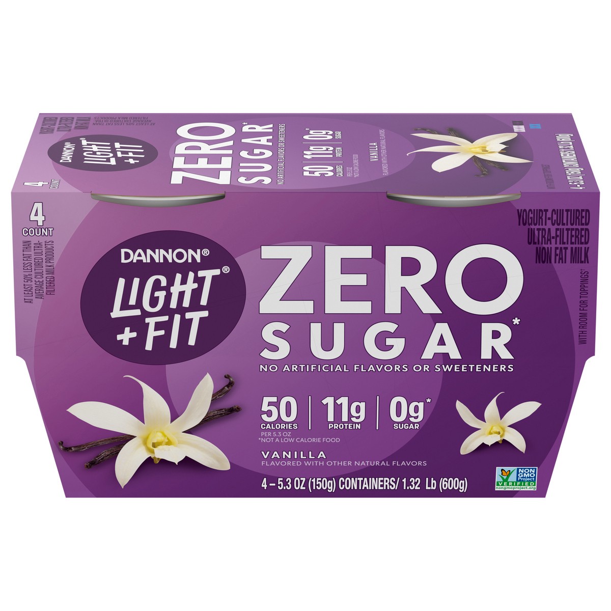 slide 1 of 5, Dannon Light + Fit Zero Sugar, Vanilla Yogurt-Cultured Dairy Product, Creamy and Delicious Gluten Free Snacks, 4 Ct, 5.3 OZ, 5.3 oz