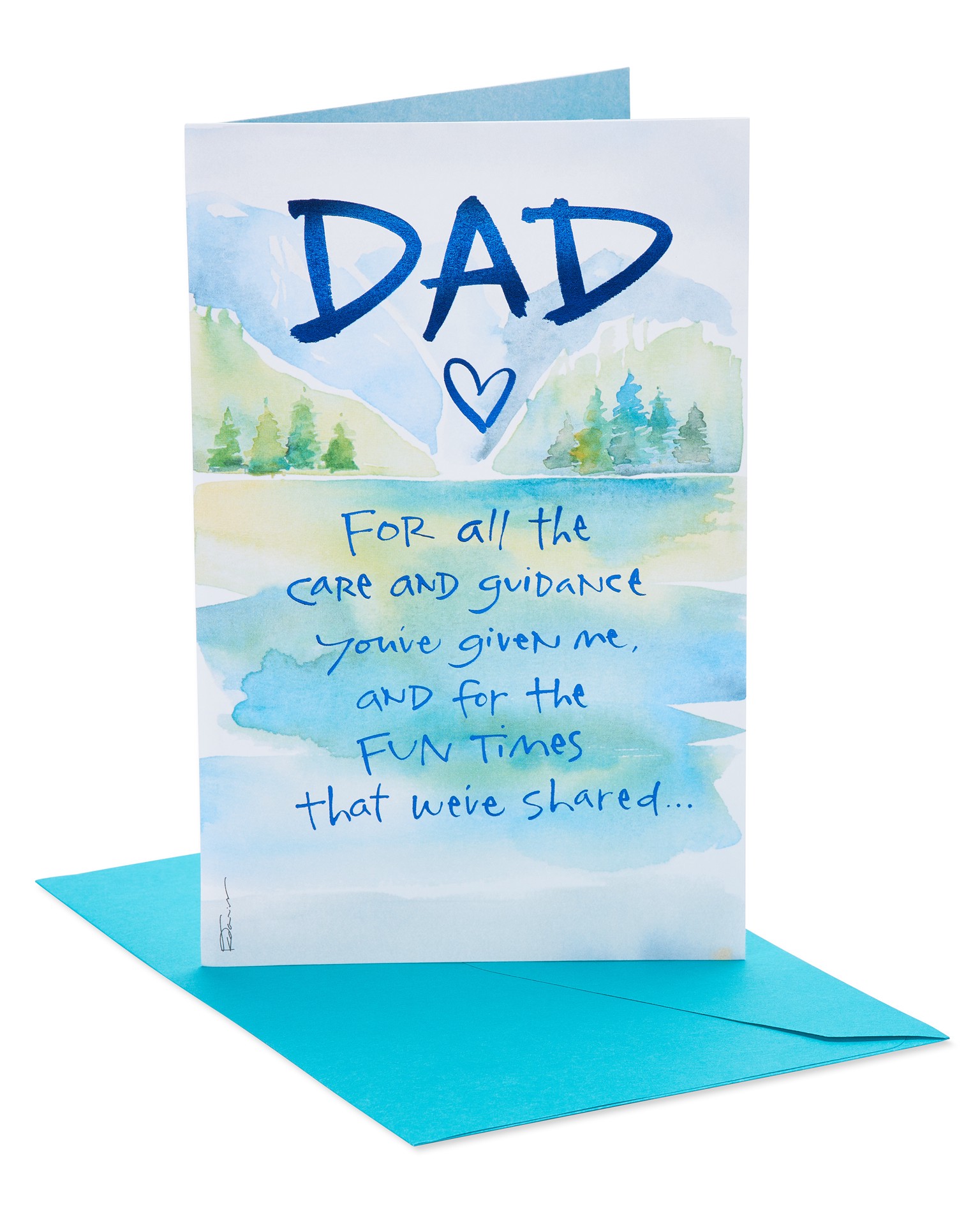 slide 1 of 5, American Greetings Celebrate dad''s birthday with this lovely watercolor American Greetings card. Featuring a scenic blue and green watercolor lake and pine tree design along with lettering in a blue metallic finish, it''s a touching way to let him know how much he means., 1 ct