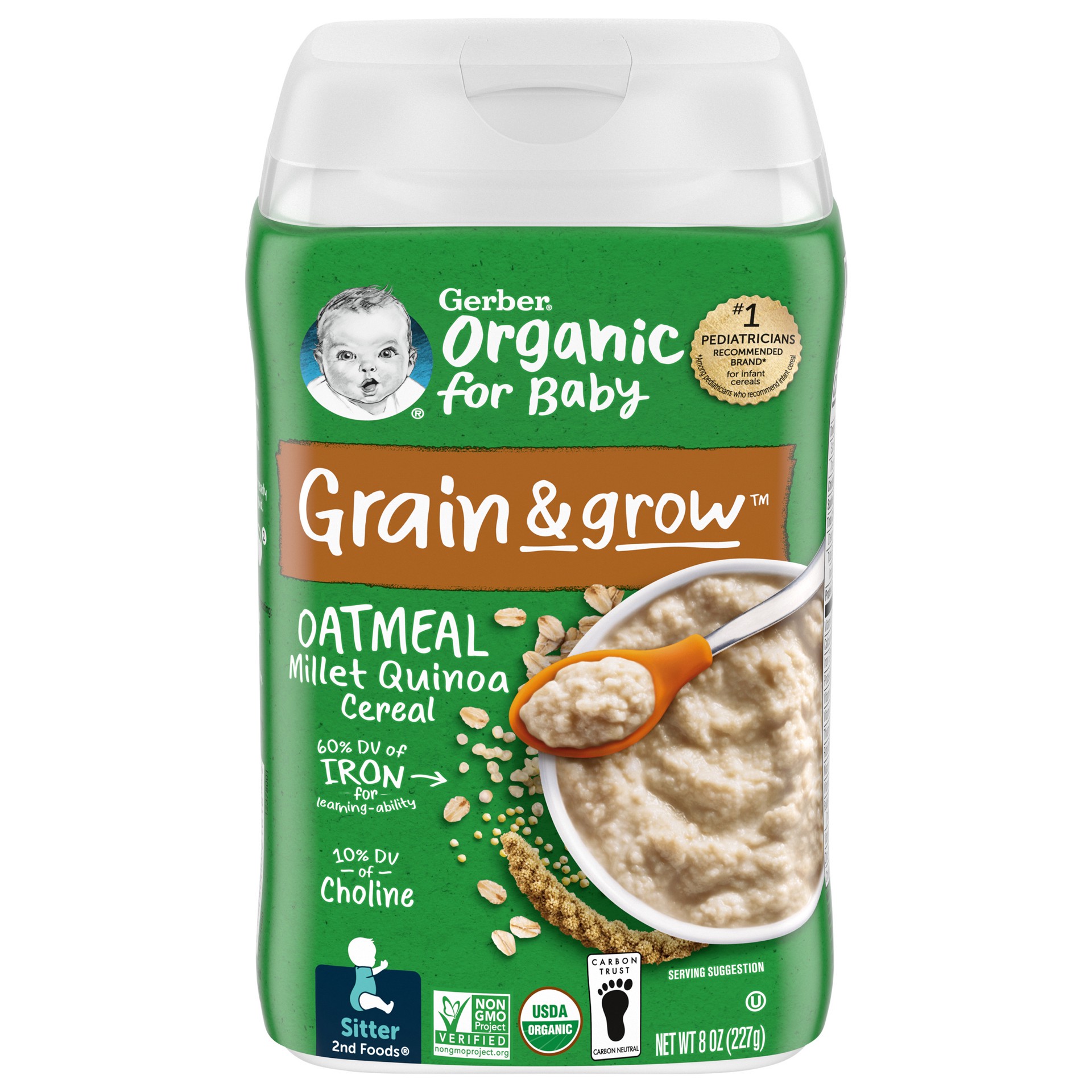 slide 1 of 9, Gerber 2nd Foods Organic for Baby Grain & Grow Oatmeal Baby Cereal, Millet Quinoa, 8 oz Canister, 8 oz