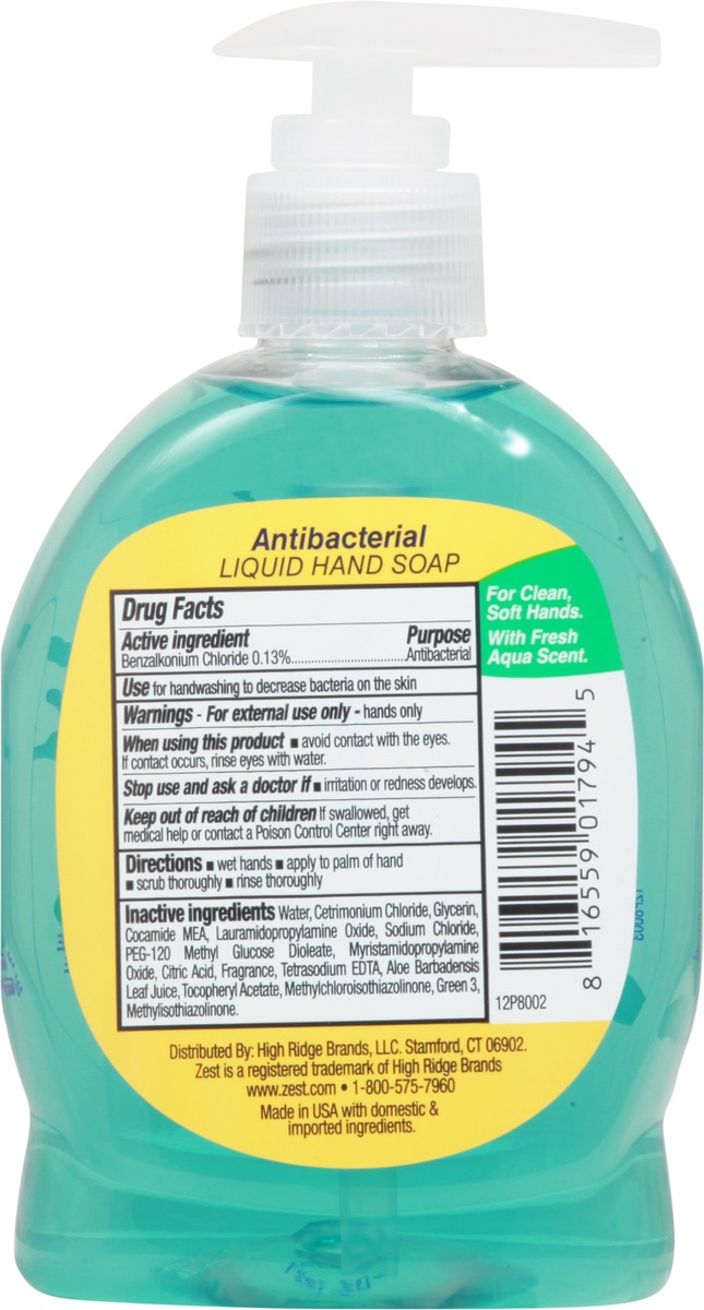slide 9 of 10, Zest Fresh Aqua Antibacterial Liquid Hand Soap, 7 oz