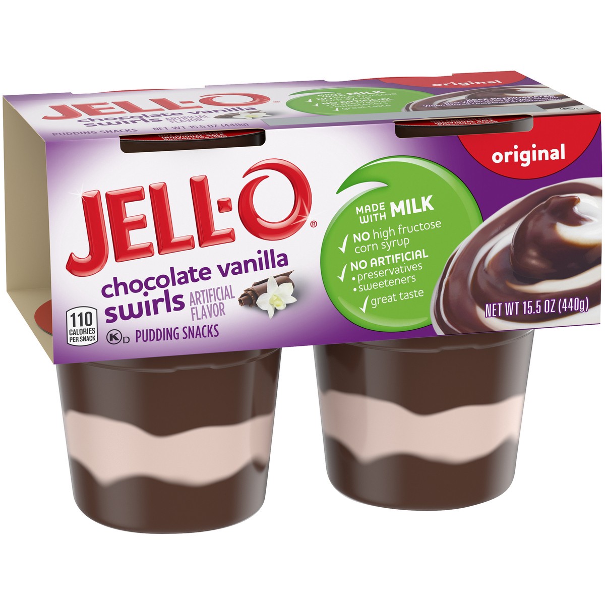 slide 2 of 9, Jell-O Original Chocolate Vanilla Swirls Artificially Flavored Ready-to-Eat Pudding Snack Cups, 4 ct Cups, 4 ct