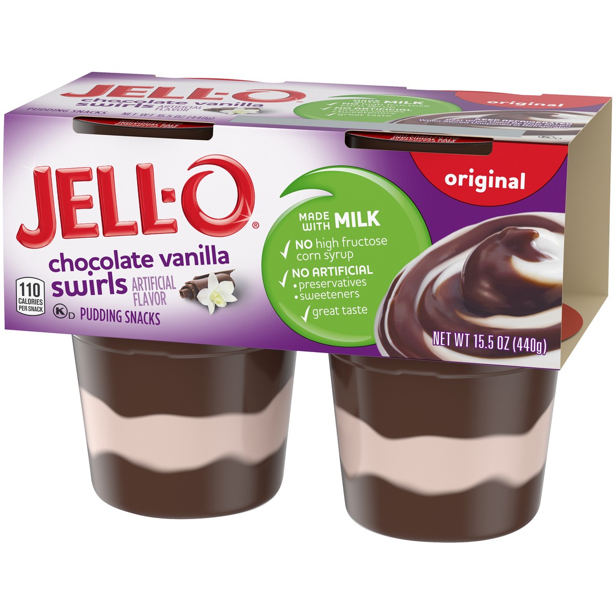 slide 4 of 9, Jell-O Original Chocolate Vanilla Swirls Artificially Flavored Ready-to-Eat Pudding Snack Cups, 4 ct Cups, 4 ct