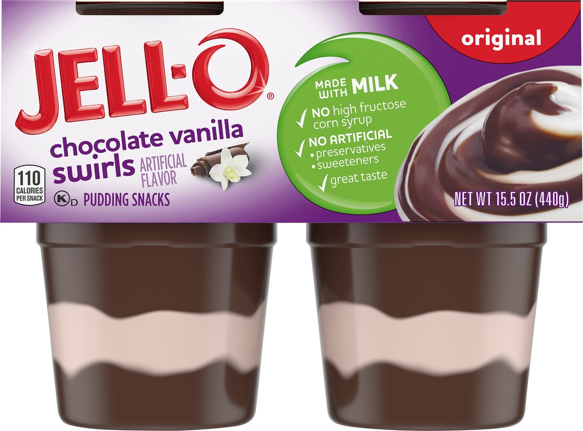 slide 6 of 9, Jell-O Original Chocolate Vanilla Swirls Artificially Flavored Ready-to-Eat Pudding Snack Cups, 4 ct Cups, 4 ct