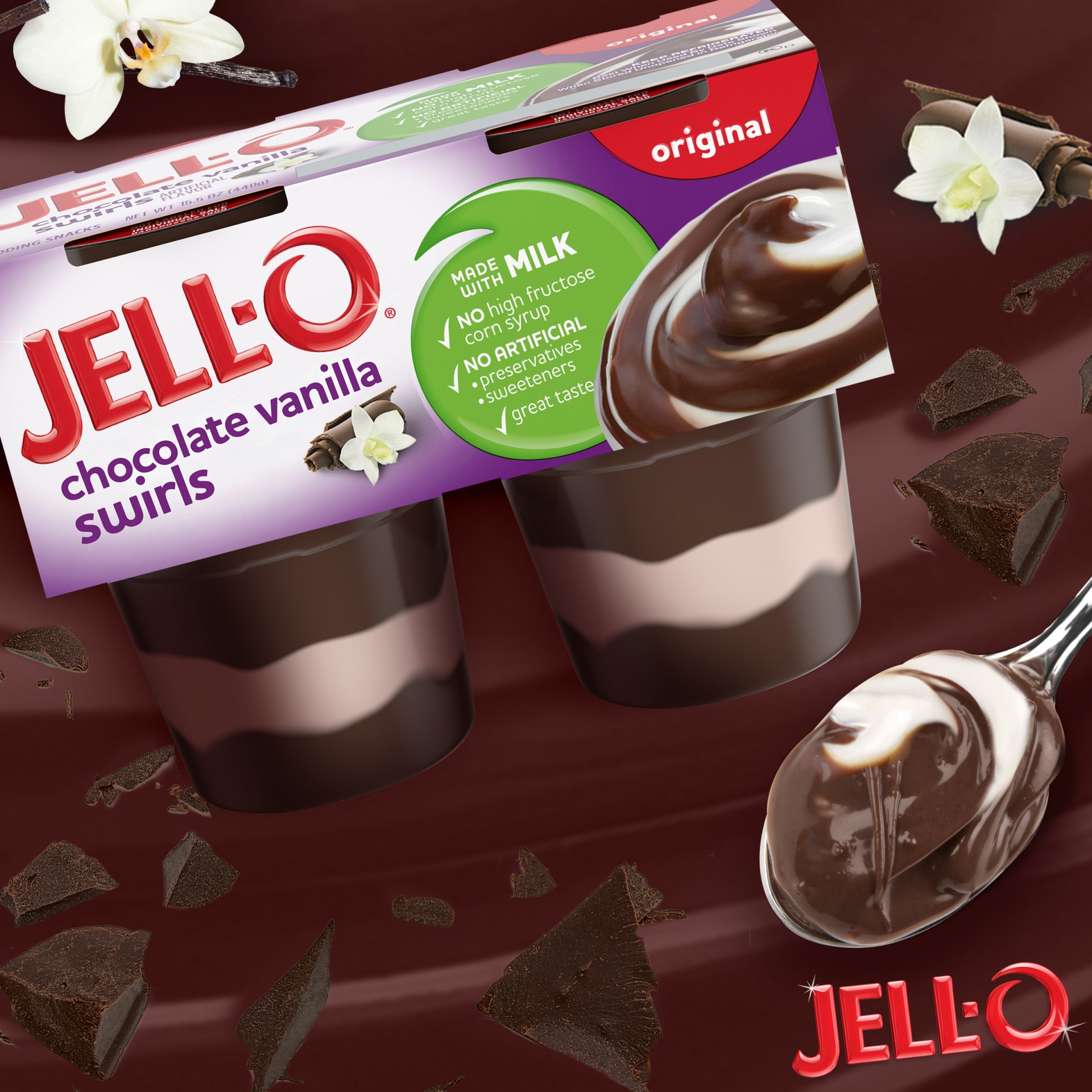 slide 7 of 7, Jell-O Original Chocolate Vanilla Swirls Ready-to-Eat Pudding Cups Snack Cups, 4 ct; 15.5 oz