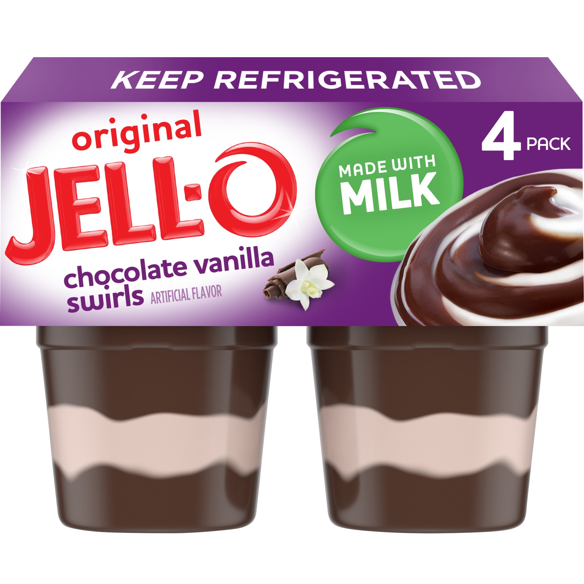 slide 1 of 7, Jell-O Original Chocolate Vanilla Swirls Ready-to-Eat Pudding Cups Snack Cups, 4 ct; 15.5 oz