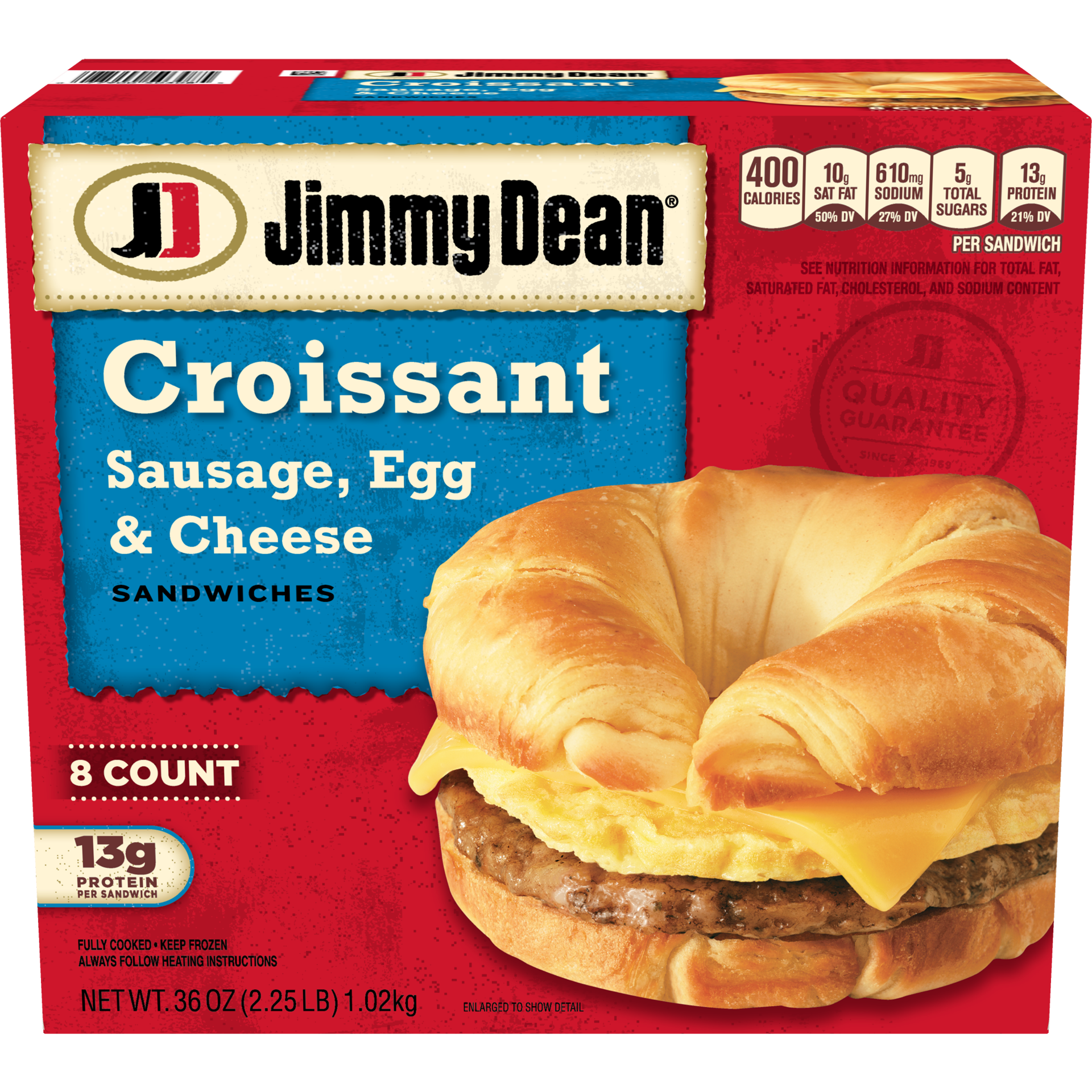 slide 1 of 9, Jimmy Dean Croissant Breakfast Sandwiches with Sausage, Egg, and Cheese, Frozen, 8 Count, 1.02 kg