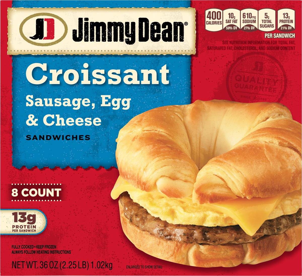 slide 1 of 9, Jimmy Dean Frozen Breakfast Sandwiches Sausage, Egg & Cheese Croissant, 36 oz