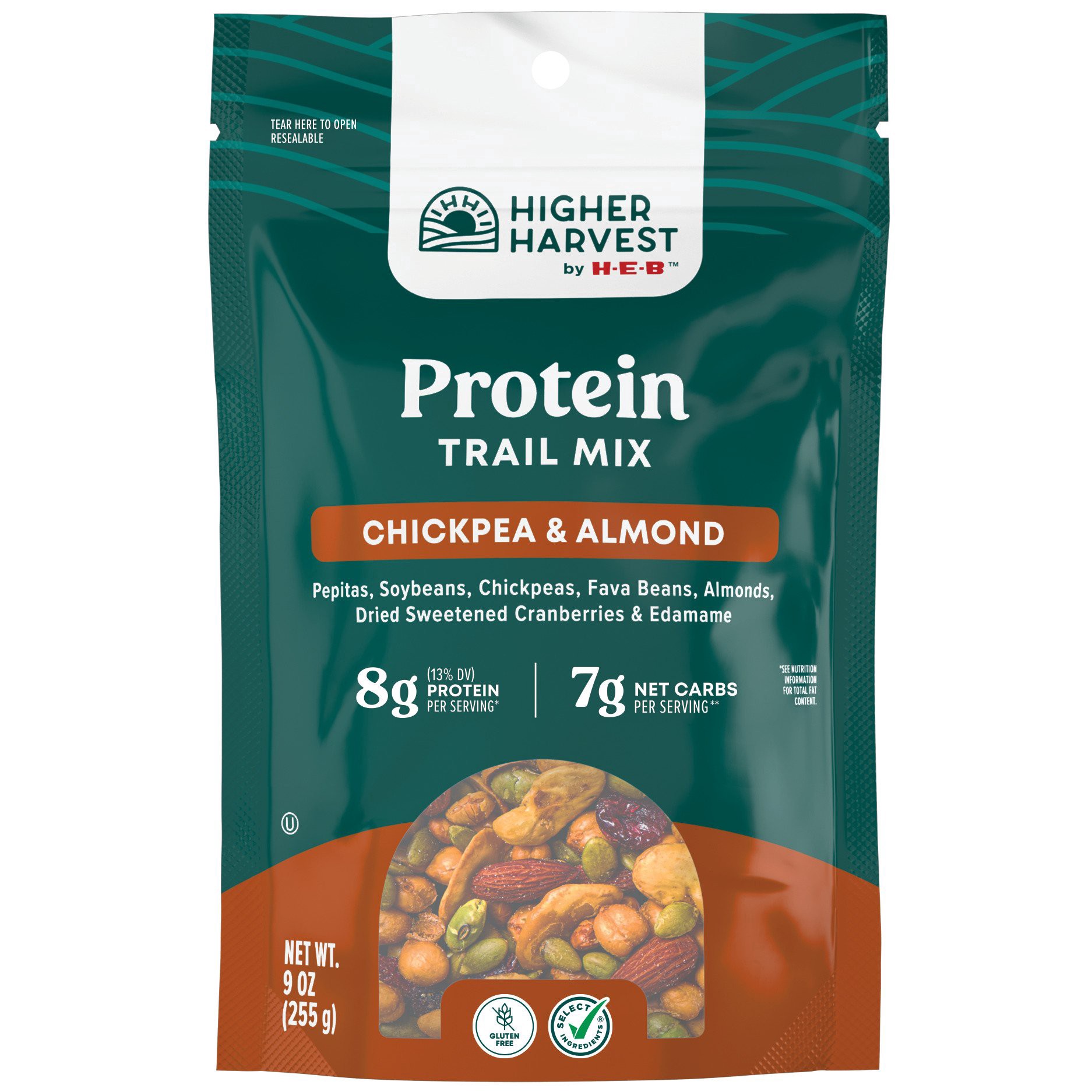 slide 1 of 1, Higher Harvest by H-E-B Protein Trail Mix - Chickpea & Almond, 9 oz