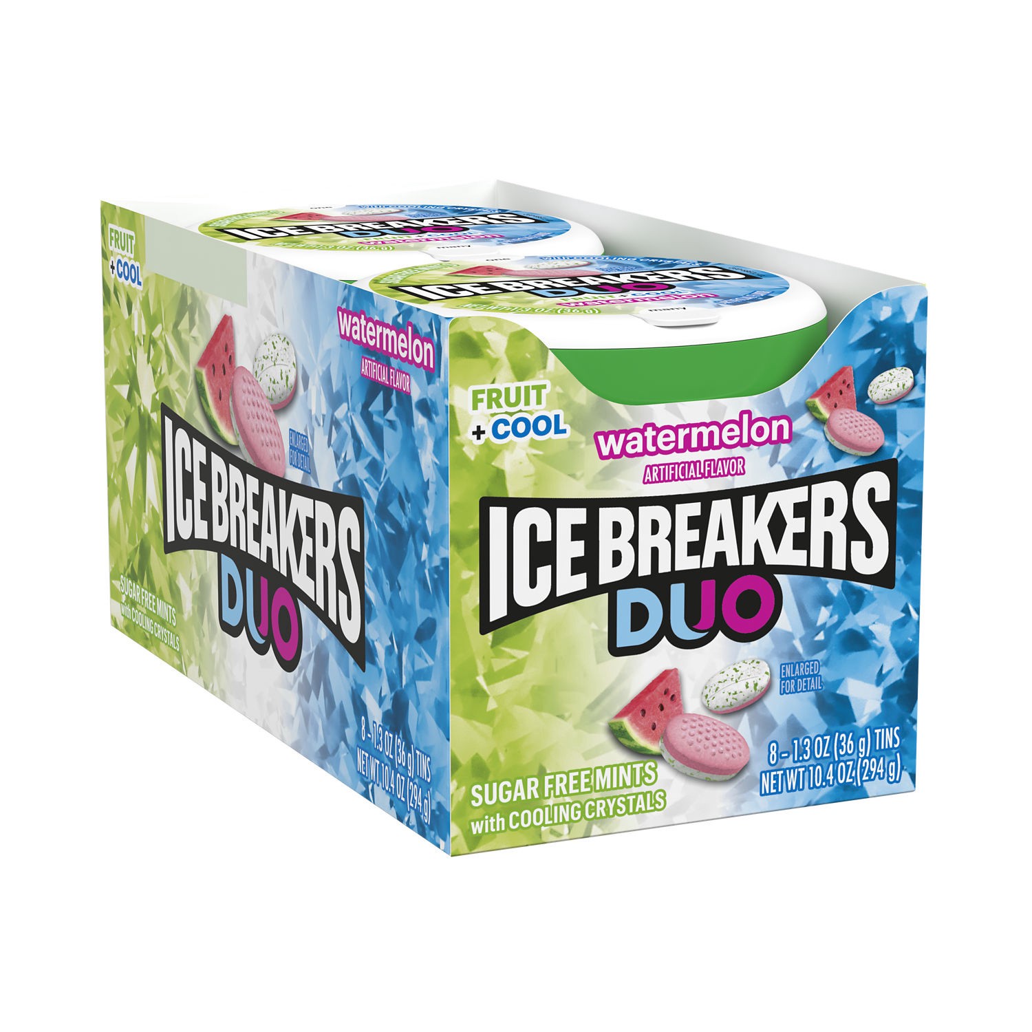 slide 1 of 9, Ice Breakers Duo Fruit Plus Cool Watermelon Sugar Free Mints Tins, 1.3 oz (8 Count), 8 ct