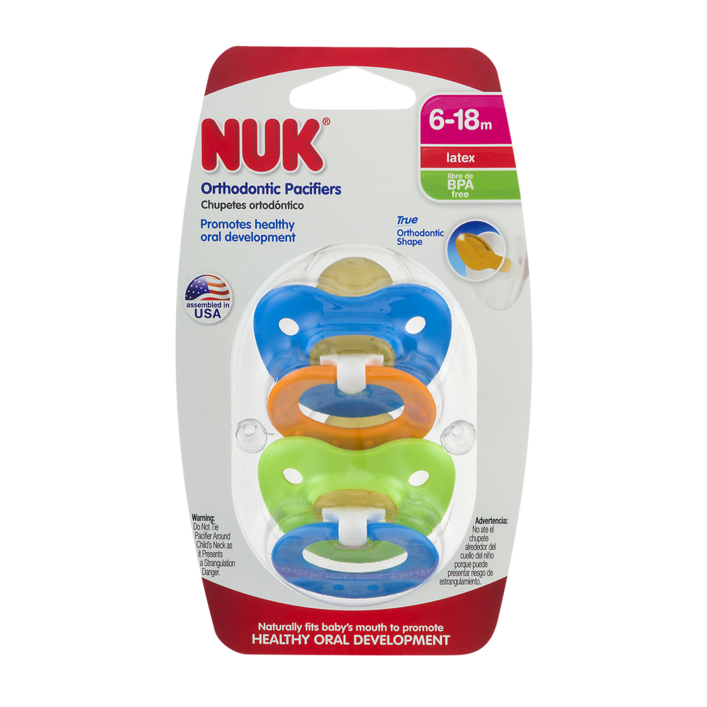 slide 1 of 6, NUK Pacifiers, Orthodontic, Latex, 6-18 M, 2 ct