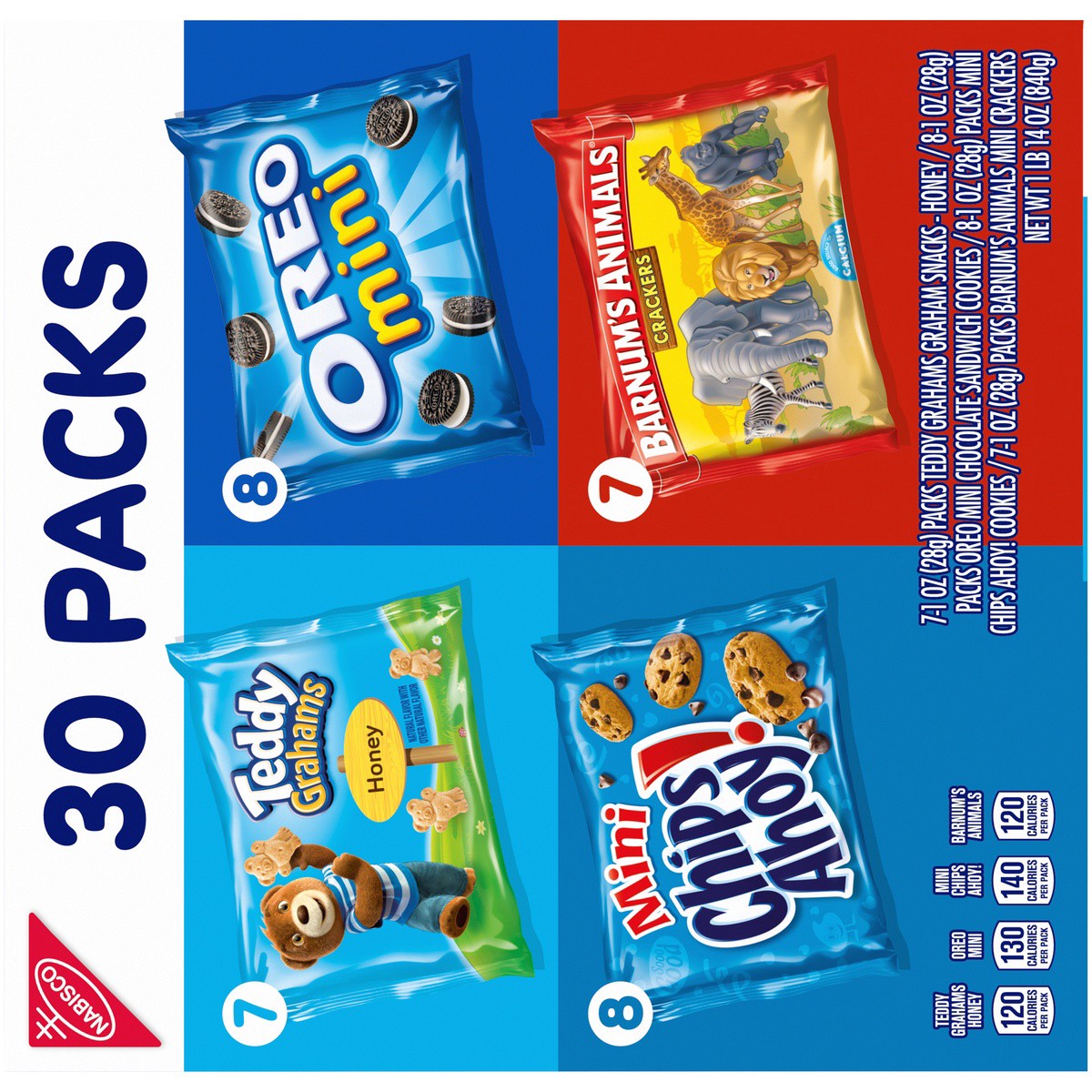 slide 6 of 9, Nabisco Team Favorites Variety Pack, OREO Mini, CHIPS AHOY! Mini, Teddy Grahams Honey & Barnum's Animal Crackers, 30 Snack Packs, 30 oz