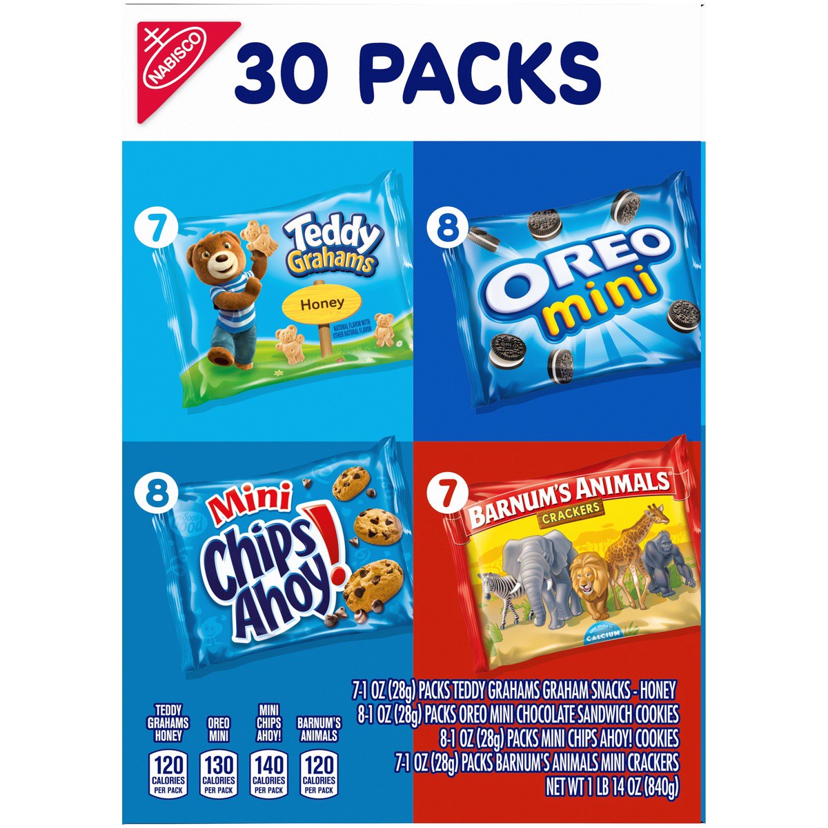 slide 3 of 9, Nabisco Team Favorites Variety Pack, OREO Mini, CHIPS AHOY! Mini, Teddy Grahams Honey & Barnum's Animal Crackers, 30 Snack Packs, 30 oz