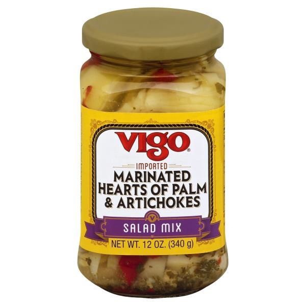 slide 1 of 1, Vigo Salad Mix, Marinated, Hearts of Palm & Artichokes, Jar, 12 oz