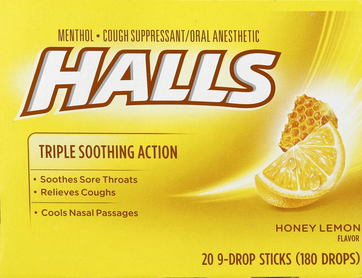 slide 2 of 5, HALLS Relief Honey Lemon Cough Drops, 20 Packs of 9 Drops (180 Total Drops), 23.18 oz