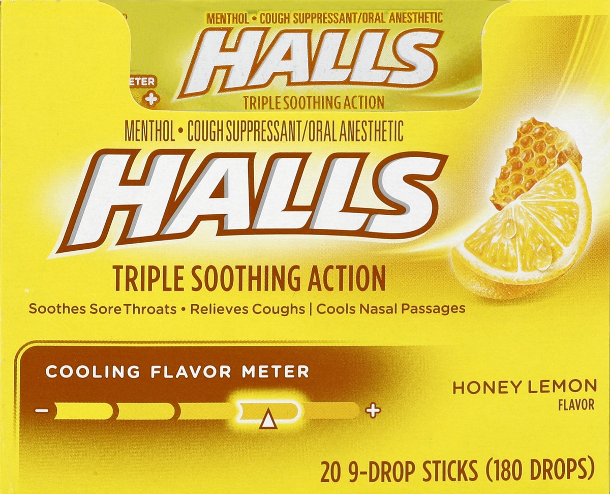 slide 3 of 5, HALLS Relief Honey Lemon Cough Drops, 20 Packs of 9 Drops (180 Total Drops), 23.18 oz