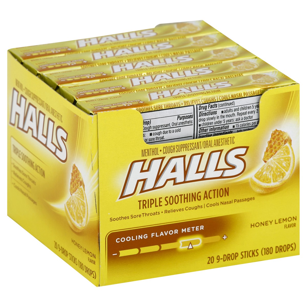 slide 4 of 5, HALLS Relief Honey Lemon Cough Drops, 20 Packs of 9 Drops (180 Total Drops), 23.18 oz
