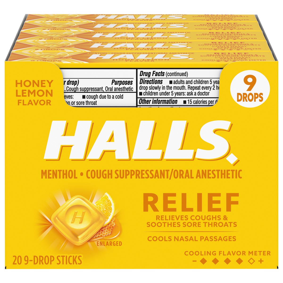 slide 1 of 5, HALLS Relief Honey Lemon Cough Drops, 20 Packs of 9 Drops (180 Total Drops), 23.18 oz