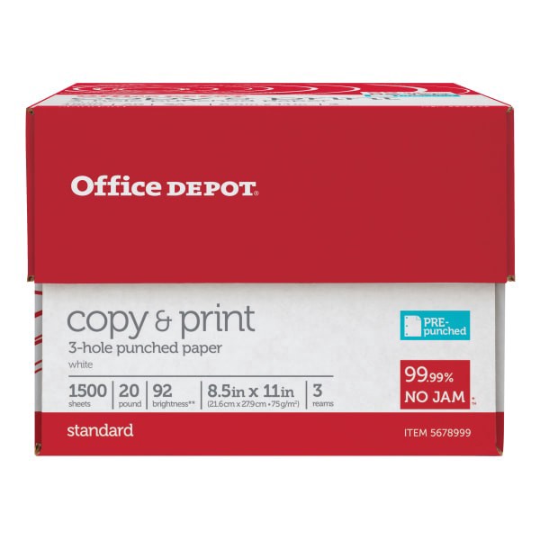 slide 3 of 4, Office Depot 3-Hole Punched Multi-Use Printer & Copy Paper, 3 Reams, White, Letter (8.5"" X 11""), 1500 Sheets Per Case, 20 Lb, 92 Brightness, 1500 ct