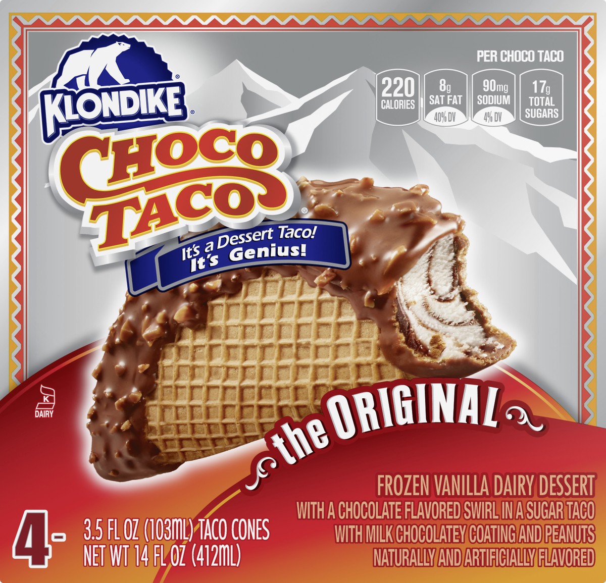 slide 4 of 4, Klondike Frozen Dairy Dessert Choco Tacos Vanilla, 3.5 fl oz, 4 Count , 4 ct