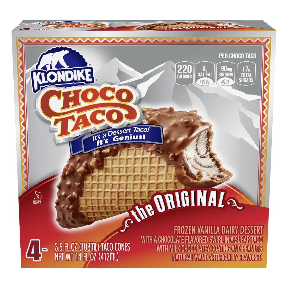 slide 1 of 4, Klondike Frozen Dairy Dessert Choco Tacos Vanilla, 3.5 fl oz, 4 Count , 4 ct