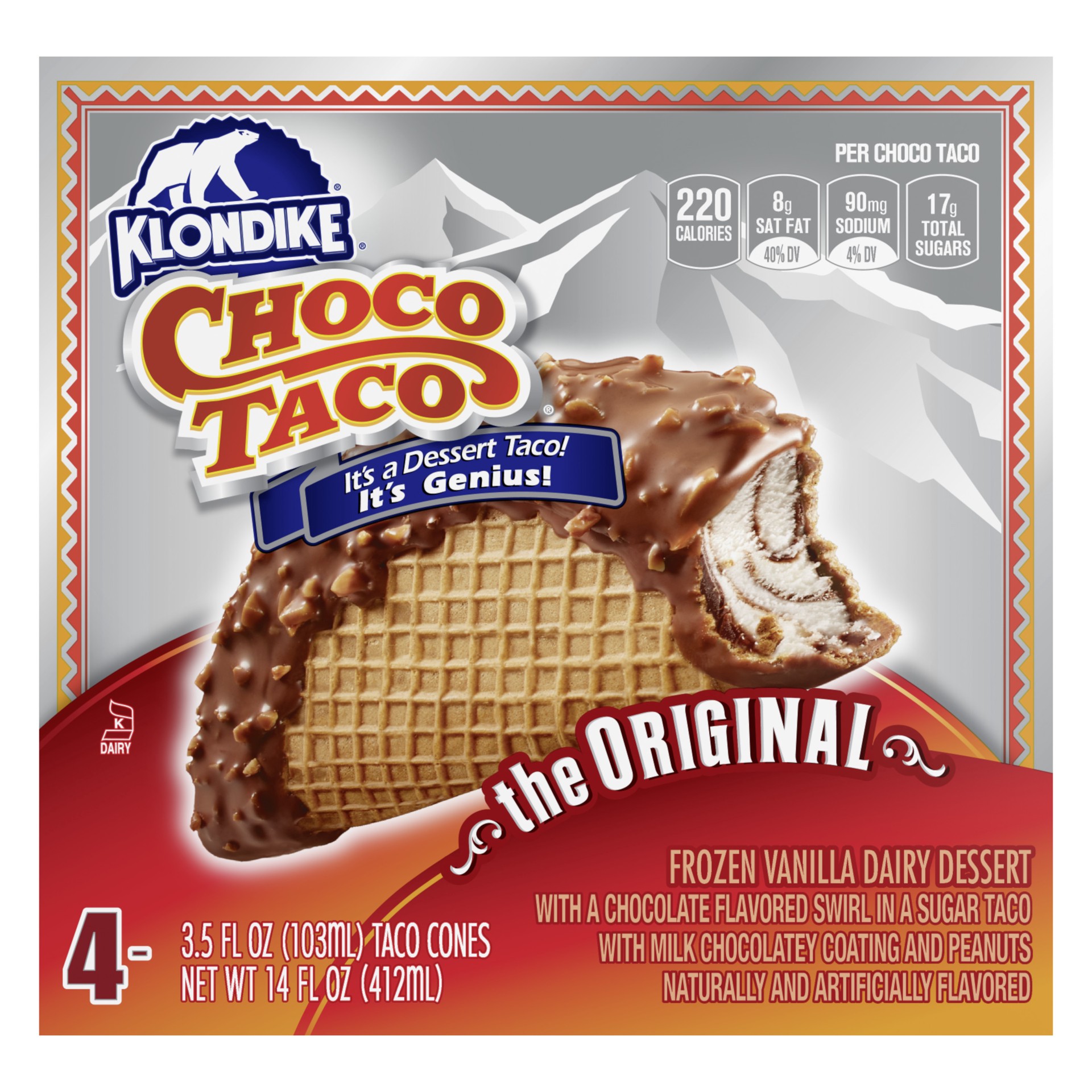 slide 1 of 4, Klondike Frozen Dairy Dessert Choco Tacos Vanilla, 3.5 fl oz, 4 Count, 4 ct